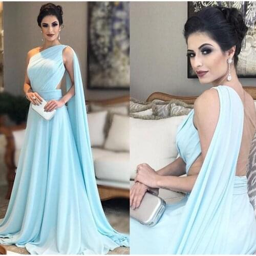 Simple Blue One Shoulder Nude Tulle See Through Backless Long Women Formal Evening Party Dressses Gowns With Tail