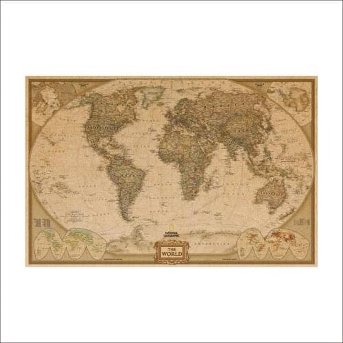Great Retro World Map Of Kraft Paper Old Wall Stickers Poster Life Art Craft Brand Cafe Bar Wallpaper 72X47 Centimeters