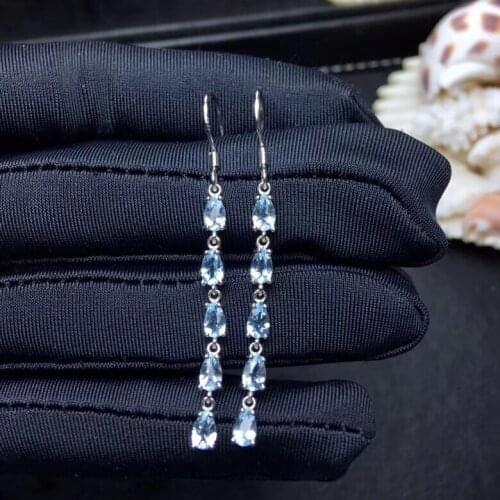 Luxurious Lovely long Tassels S925 silver natural blue Aquamarine gem drop earrings natural gemstone women party gift jewelry