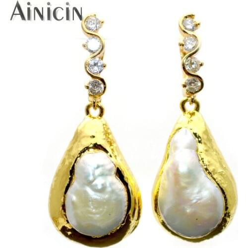 Rhinestone Crystal Setting Dangle Earrings Natural Freshwater Pearl Gold Plating Water Drop Safe Hook Earring Women Jewelry