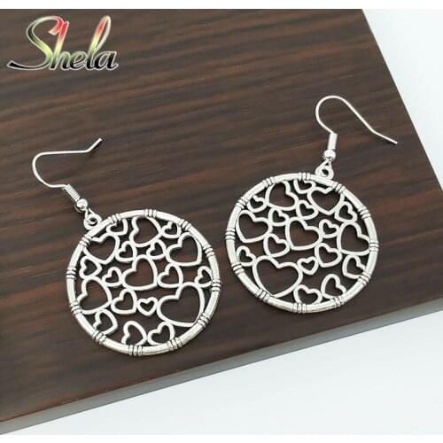 SHELA Metal Alloy Silver Color Dangle Trendy Drop Earrings for Women Heart Geometric Circle Round Pendant Fashion Jewelry