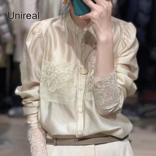 Unireal 2021 Summer Women Lace Shirt Blouse Long Sleeve Lace Crochet Satin Blouse Vintage Tops