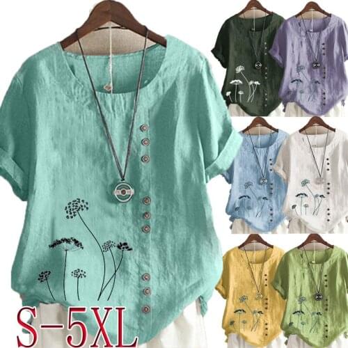 Womens Summer Round Neck Short Sleeve T-shirt Casual Cotton Linen Graphic Shirt Leisure Fashion Loose Printed Blouse Tops