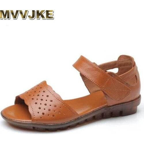 MVVJKE 2020 Women Sandals Summer New Style Genuine Leather Mom Flat Sandals Low Heel Soft Bottom Non-slip Sandals Women Shoes