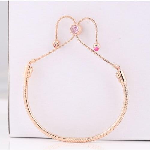 Authentic S925 Sterling Silver Rose Peach Blossom With Crystal Bracelet Bangle For Women fit Lady Bead Charm DIY Jewelry