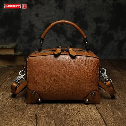 2020 Retro Literary Women Handbag Female Leather Small Square Bag Double Zipper Shoulder Diagonal Bag Portable Suitcase Bags