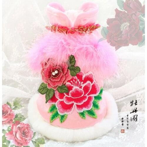Free Shipping Flower Winter Pink Peony Feather Satin Lining Polyester Sherpa Warm Dog Coat Dog Clothes Pet Cat Outifit Poodle