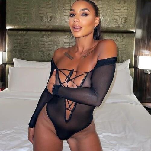 BKLD 2021 New Style Black Mesh Sheer Long Sleeve Off Shoulder Bodysuit Women Hollow Out Sexy Criss Cross Bandage Tie Up Bodysuit