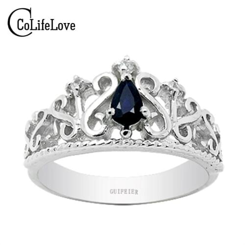 CoLife Jewelry 925 Silver Sapphire Ring Natural Dark Blue Sapphire Silver Ring Silver Crown Ring with Sapphire Gift for Girl