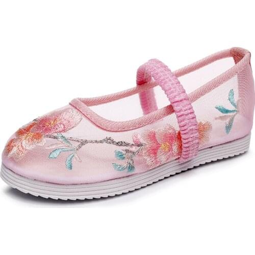 Childrens Hanfu Shoes Girls Brid Floral Embroidered Shoes Summer Mesh Breathable Shoes For Chinese Antique Clothes Girls Flats