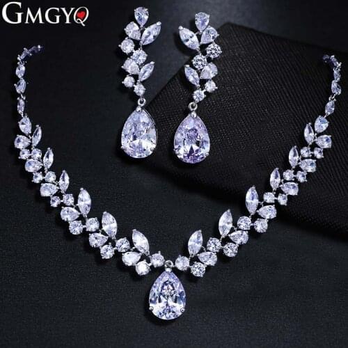 GMGYQ Bright Crystal Silver Color Jewelry Necklace Bride Wedding Bridesmaid Jewelry Earrings Two-piece Set