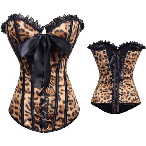 Gothic Sexy Leopard Corset Tops Lace Up Steampunk Corsets And Bustier Women Corselet Corset Overbust Satin Corset Top Brown