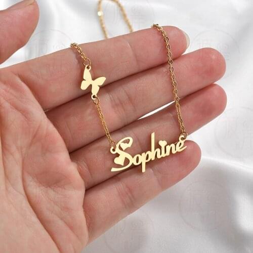 Amxiu Personalized Gift Customize Stainless Steel Necklace Engrave Name Butterfly Pendant Necklace For Women Girls ID Tags