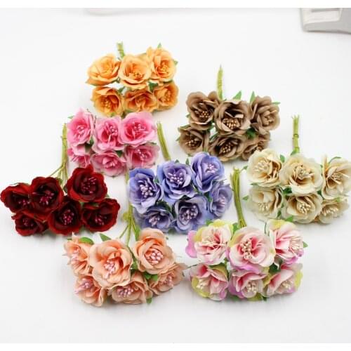 6pcs/lot 3cm artificial flower silk stamen rose bouquet for wedding home decoration DIY garland scrapbook gift box craft flower