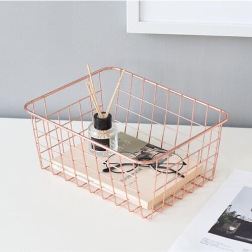 Storage Basket Rose Gold Wrought Iron Wire Simple Lines Desktop Organizer Home Decoration