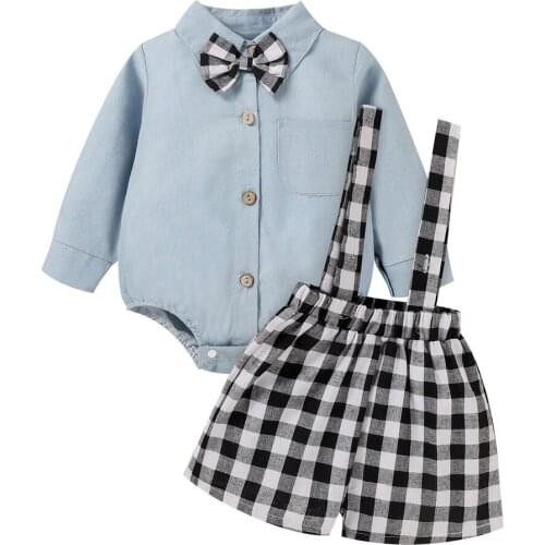 2Pcs Baby Summer Tracksuits, Solid Color Long Sleeves Romper + Plaid Suspender Shorts for Toddler Boys, 3-24 Months