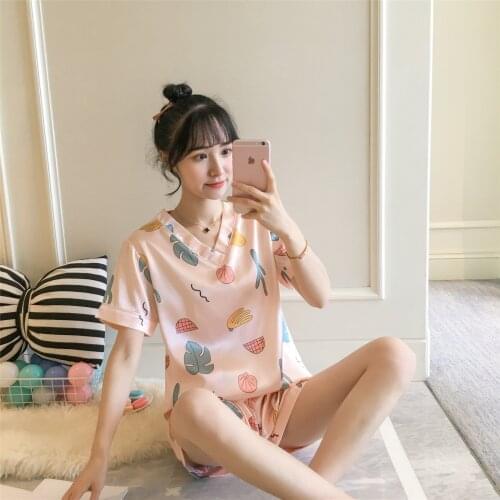Summer Womens Pajamas Simulation Silk Short-sleeved Sweet and Sexy V-neck Home Service Pajamas for Women Sleepwear Sleep Tops
