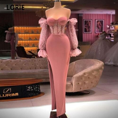 LORIE Dusty Pink Evening Dress High Slit Satin Sweetheart Long Mermaid Arabic Evening Gown Off the Shoulder Long Puff Sleeves