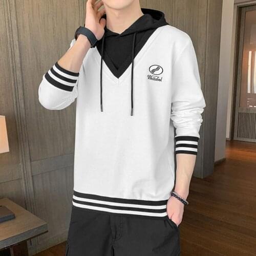 Mens Casual Sweatshirts Hoodie Men Fake Two Pieces Multi Color Hooded V-Neck Fashion Harajuku Style Male Sweatshirt 2021 New