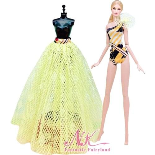 NK Newest Doll Fashion Dual-use Princess Dress Noble Party Yellow Drag Dress For Barbie Accessories Doll Best Child Girl Gift 6X