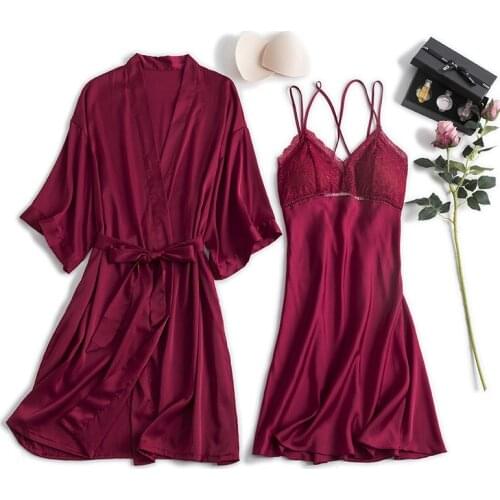 2019 New Lady Kimono Bathrobe Gown Sexy Lace Sleepwear Loose Home Dress Nightdress Wedding Party Gift 2pcs Burgundy Satin Robe