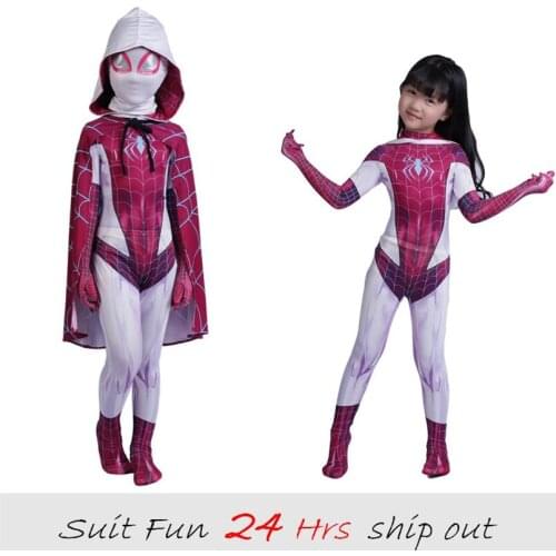 New Women Spider-Gwen Cosplay Costumes Spandex Red Gwen Hoodies with Headgear Costumes Suitable for Halloween 24 Hrs Shipped Out