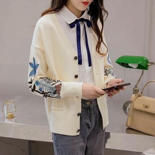 Autumn Casual Women Tops Women Sweater New Fashion Embroidered Long Sleeve Knit Cardigan Outerwear Slim Short Jacket Coat HK126