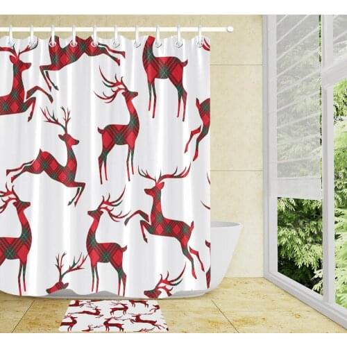 Christmas Deer Shower Curtain For Bathroom Lattice Deer Reindeer Elk Wood Plank Background Shower Curtains Set With 12pcs Hooks