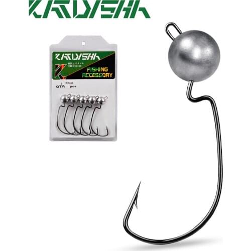 KATYUSHA 5Pcs Wide Crank Offset Fishing Hooks 3.5-5-7-10g Lead Jig Head Fishhooks For Soft Worm Lure Barbed Carp Fishing Tackle