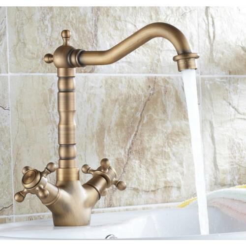 Vintage Retro Antique Brass Swivel Spout Double Cross handles Kitchen Bar Bathroom Vessel Sink Basin Faucet Mixer Tap anf078