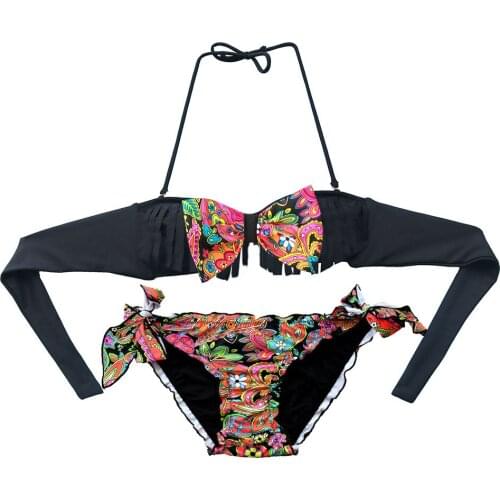 Bow Tassel TOP Bikini for Women Sexy Girl Swimsuit Biquini Black Printing Bottom Brazilian