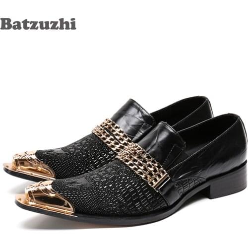 Batzuzhi Brand New Men Shoes Gold Metal Pointed Toe Leather Shoes Men Black Wedding Party Oxfords Flats Zapatos Hombre, 38-46