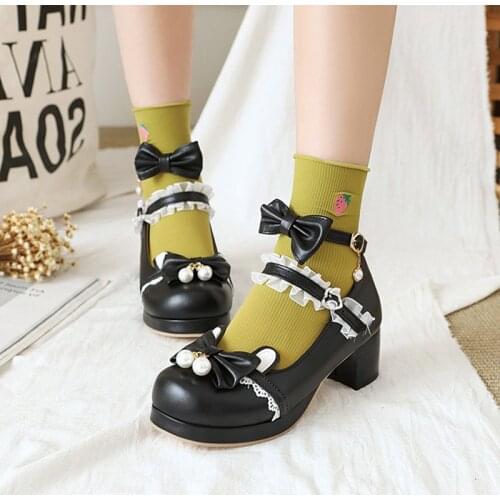 Large Size 34-48 Sweet Girls Anime Cosplay Lolita Lace Shoes Mary Janes Pumps Platform Japanese Harujuku Kawaii Cute Women Shoes