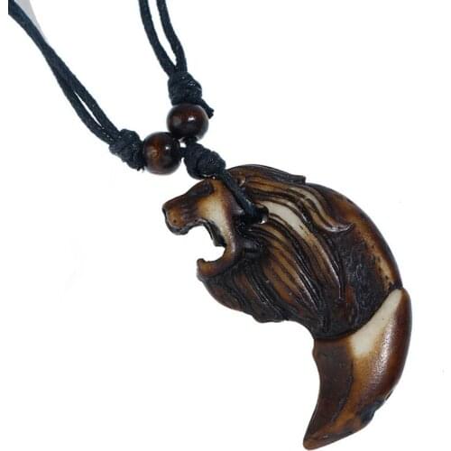 Vintage Punk Men Long Necklace Spike Lion Pendant Adjustable Black Wax Cords Chain Imitation Yak Bone Charm Fashion Rock Jewelry
