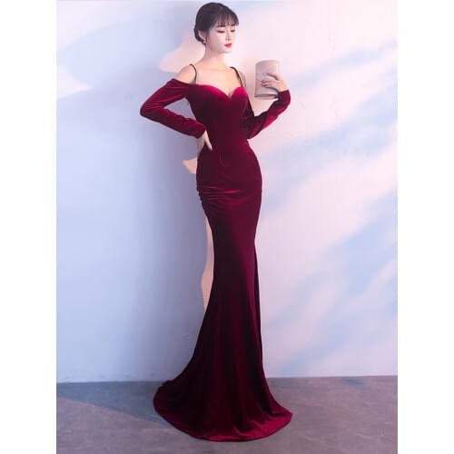 Vintage Velvet Evening Dresses Long-sleeve Off-shoulder Gowns Sexy Backless High Split Robe De Soriee Diamond Formal Dress Women
