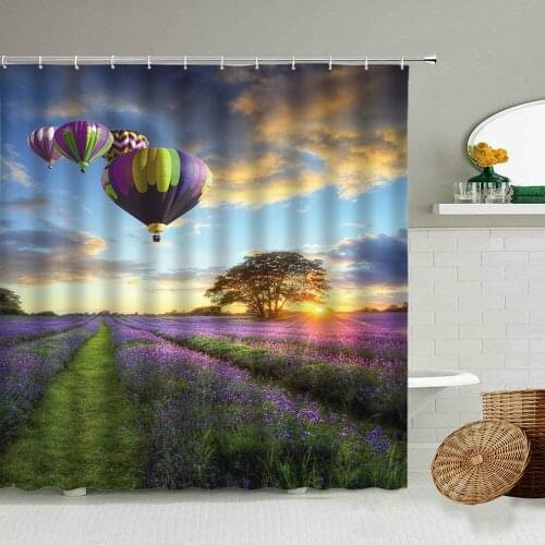 Lavender Countryside Natural Landscape Shower Curtain Hot Air Balloon Sunset Scenery Family Bathroom Waterproof Cloth Screen Set
