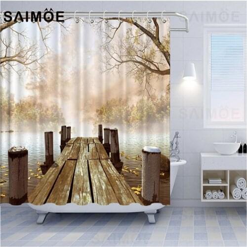 Autumn Landscape Shower Curtains Woods Pier Bathroom Curtain Trees Nature Image Cloth Bathroom Decor Screen Waterproof Fabric
