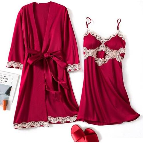 Women Satin Sleepwear Robe Nightwear Nightdress Sexy V-Neck Lace Robe Gown Set Sleep Lounge Clothing With Chest Pads