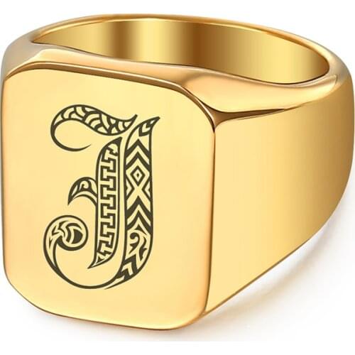 Gold Color 18mm Initial Letter A-Z Signet Ring for Men Stainless Steel Retro Band Heavy Finger Knuckle Male Name Ring DHR438