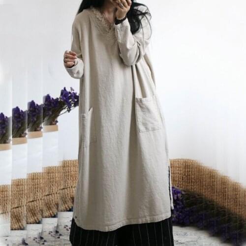 Women Simple Rough Linen V neck Dress Ladies Solid Color Plus Size Flax Robe Dress Pockets Female Spring Autumn Retro Dress
