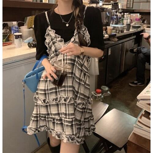 2021 Spring Summer Preppy Style Gothic Girls Sexy Sling Dress Grey Balck Pleated Plaid Women Sleeveless Mini Short Dresses