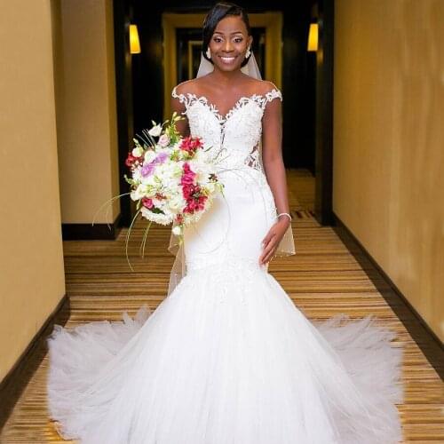 New Arrival African Mermaid Wedding Dresses 2020 Illusion Backless Applique Lace Court Train Mermaid Bridal Dress Wedding Gowns