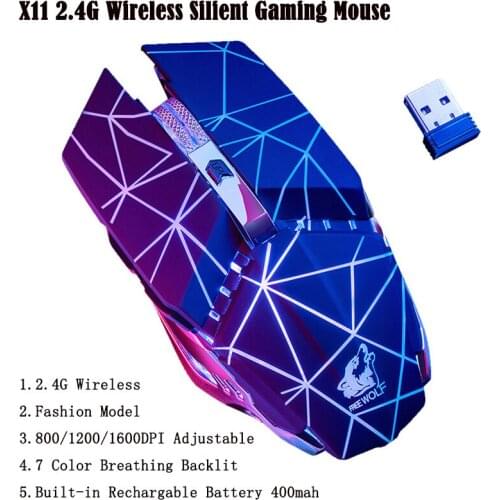 Free Wolf X11 2.4G wireless silent gaming mouse 400mah rechargable Seven-color cycle breathing lamp mouse 1600DPI for Laptop PC