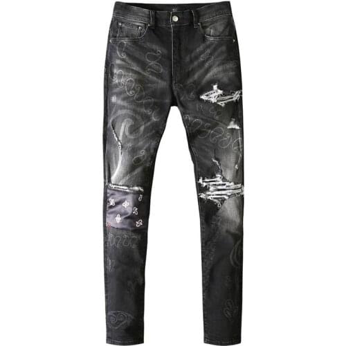 New mens male fashion trousers Knee patchwork version damage distressed retro slim high street jeans casual trend denim pants