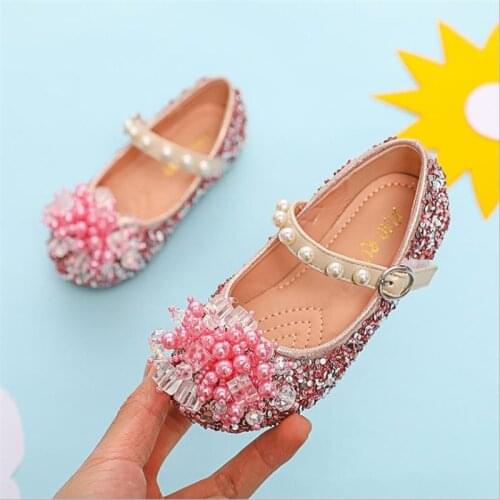 JY Children girls Bling Flower shoes Flat princess Dance Party Shoes Girl Pink Sliver 25-35 V8-38 GZX04