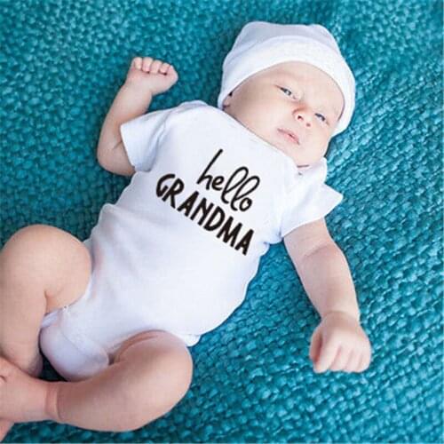 HELLO GRANDMA Print White Baby Bodysuit Cotton Girls Boys Clothes Short Sleeve Romper Baby Jumpsuit Newborn Baby Clothing