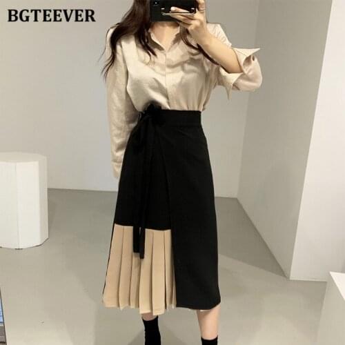 BGTEEVER Elegant Office Ladies 2 Pieces Set Lapel Blouse & Lace-up Patchwork Female Pleated Skirt 2021 Spring Summer Women Set