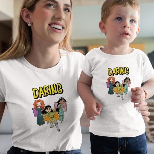 Disney Princess Cartoon Printing Adult Unisex T-shirts Outdoor Summer New Products Color Family Look Outfits Harajuku O-Neck Top