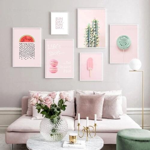Pink Canvas Painting Sweet Food Macarons Wall Picture for Living Room Watermelon Lollipop Posters and Prints Cactus Home Decor