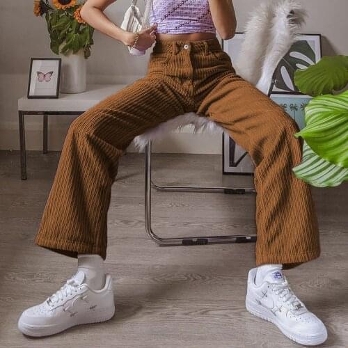 Classic Pants Vintage Brown Corduroy Sweatpants Female Warm Womens Autumn Harajuku Straight High Waisted Trousers Pocket